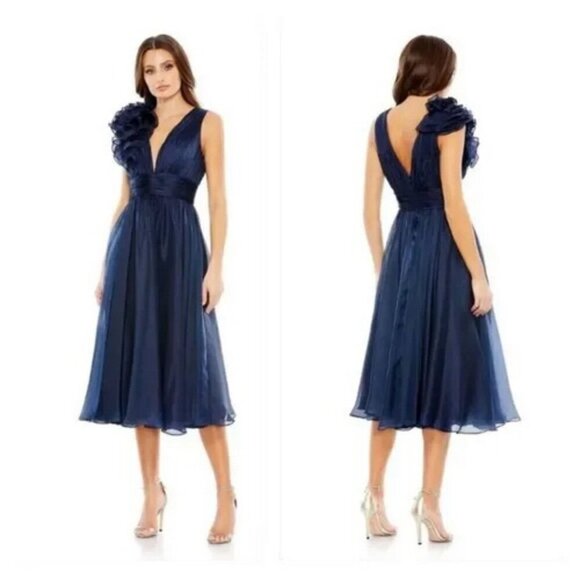 Mac Duggal Midnight Blue Empire Rosette Midi Dress - Picture 1 of 4